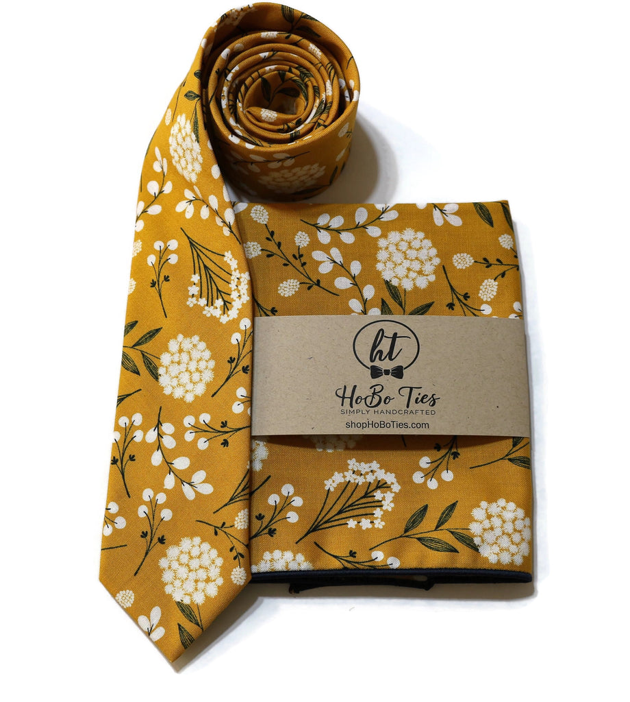 Mustard Floral Necktie with matching pocket square showcasing floral design, ideal for weddings and formal wear accessories men.