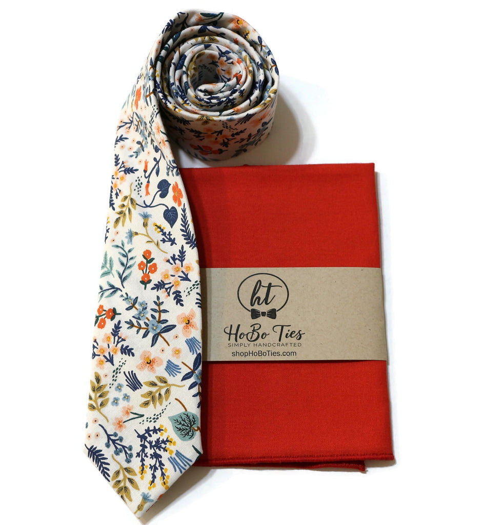 White Metallic Wildwood Floral Necktie with red pocket square, handcrafted neckties for men and boys, unique wedding accessories.