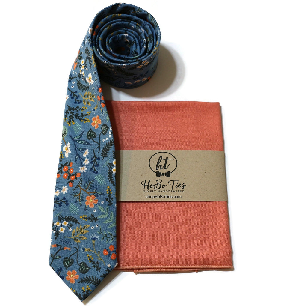 Blue Metallic Wildwood Floral Necktie with matching pocket square, handcrafted neckties for men and boys.