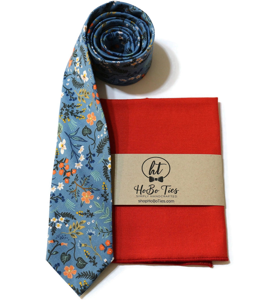 Blue Metallic Wildwood Floral Necktie with matching pocket square, handcrafted neckties and accessories for men.