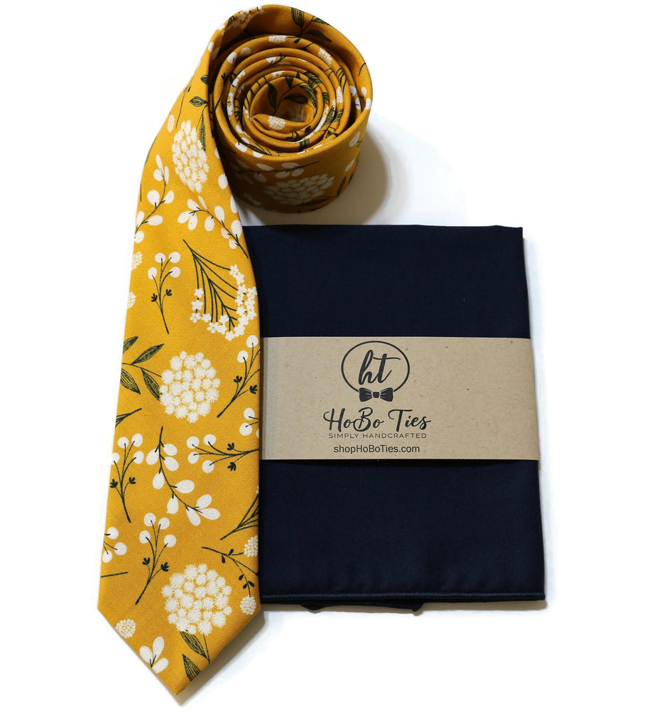 Mustard Floral Necktie with navy pocket square, handcrafted neckties for men and boys, unique floral patterns.