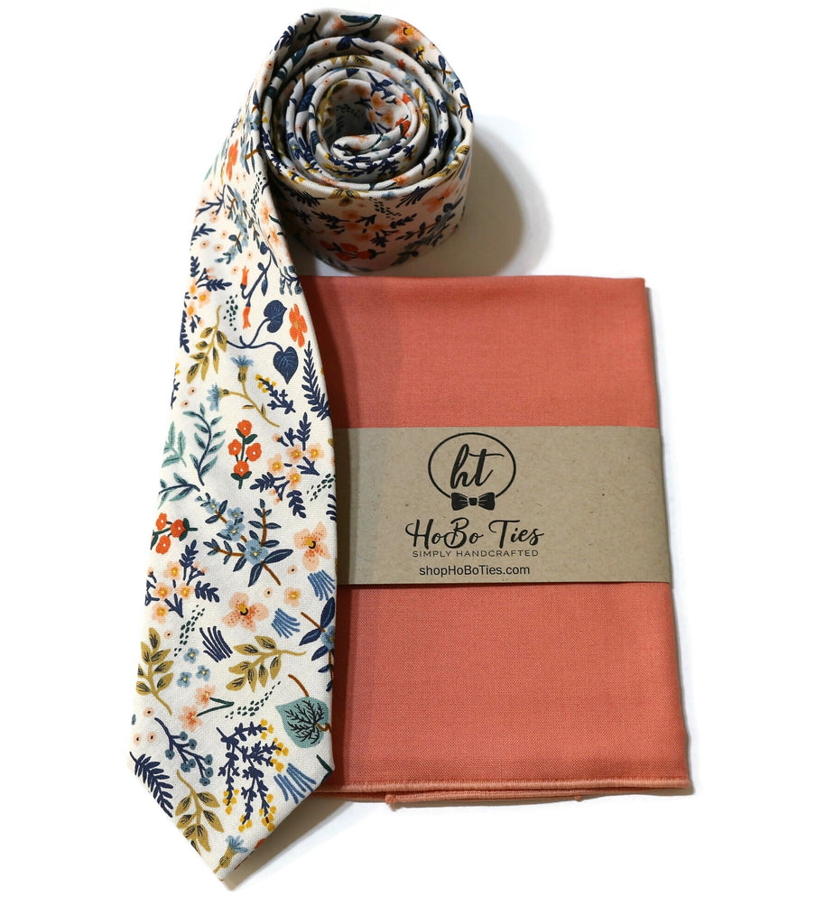 White Metallic Wildwood Floral Necktie with coordinating pocket square, handcrafted neckties for men and boys.