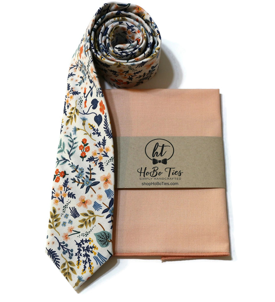 White Metallic Wildwood Floral Necktie with matching pocket square, handcrafted neckties, unique floral patterns.