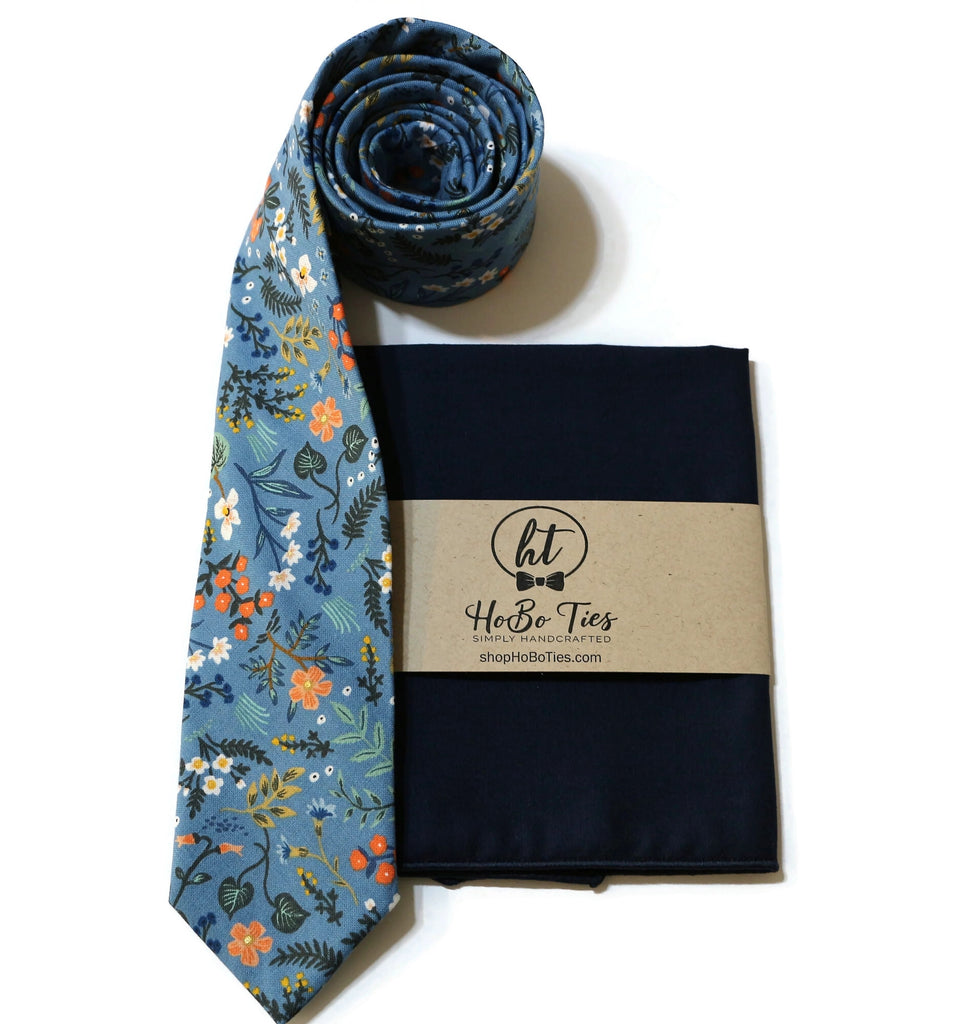 Blue Metallic Wildwood Floral Necktie with matching pocket square handcrafted for men and boys.