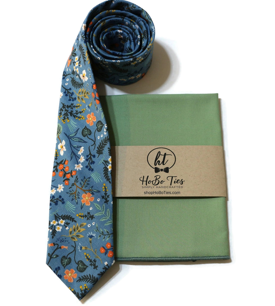 Blue Metallic Wildwood Floral Necktie with matching pocket square, handcrafted neckties for men and boys' formal wear accessories.