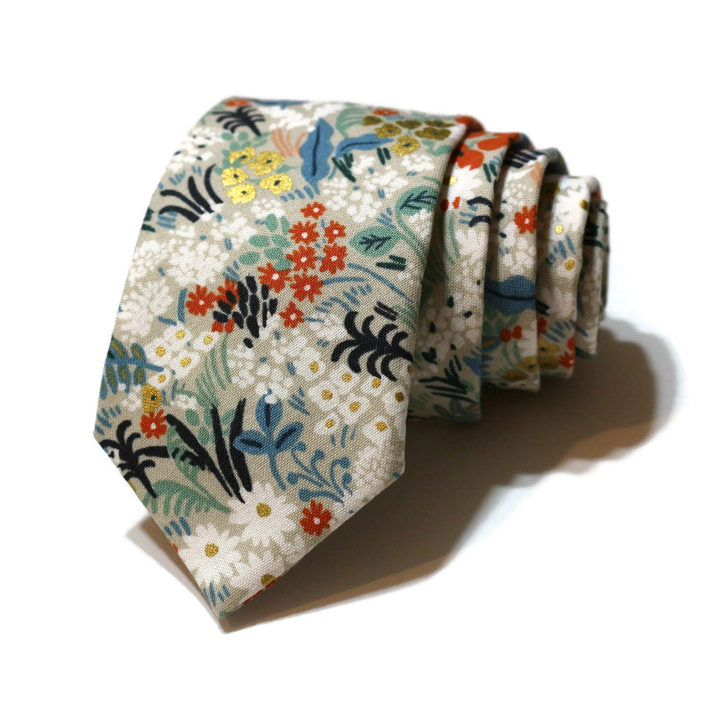 Flax Metallic Meadow Floral Necktie handcrafted neckties with vibrant floral design, perfect for men and boys.