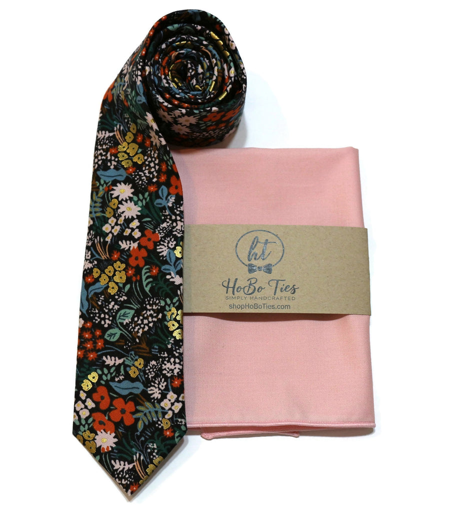 Black Metallic Meadow Floral Necktie with matching pocket square, handmade neckties for men, unique wedding accessories.