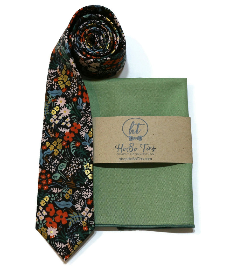 Black Metallic Meadow Floral Necktie paired with coordinating pocket square, perfect for formal events and weddings.