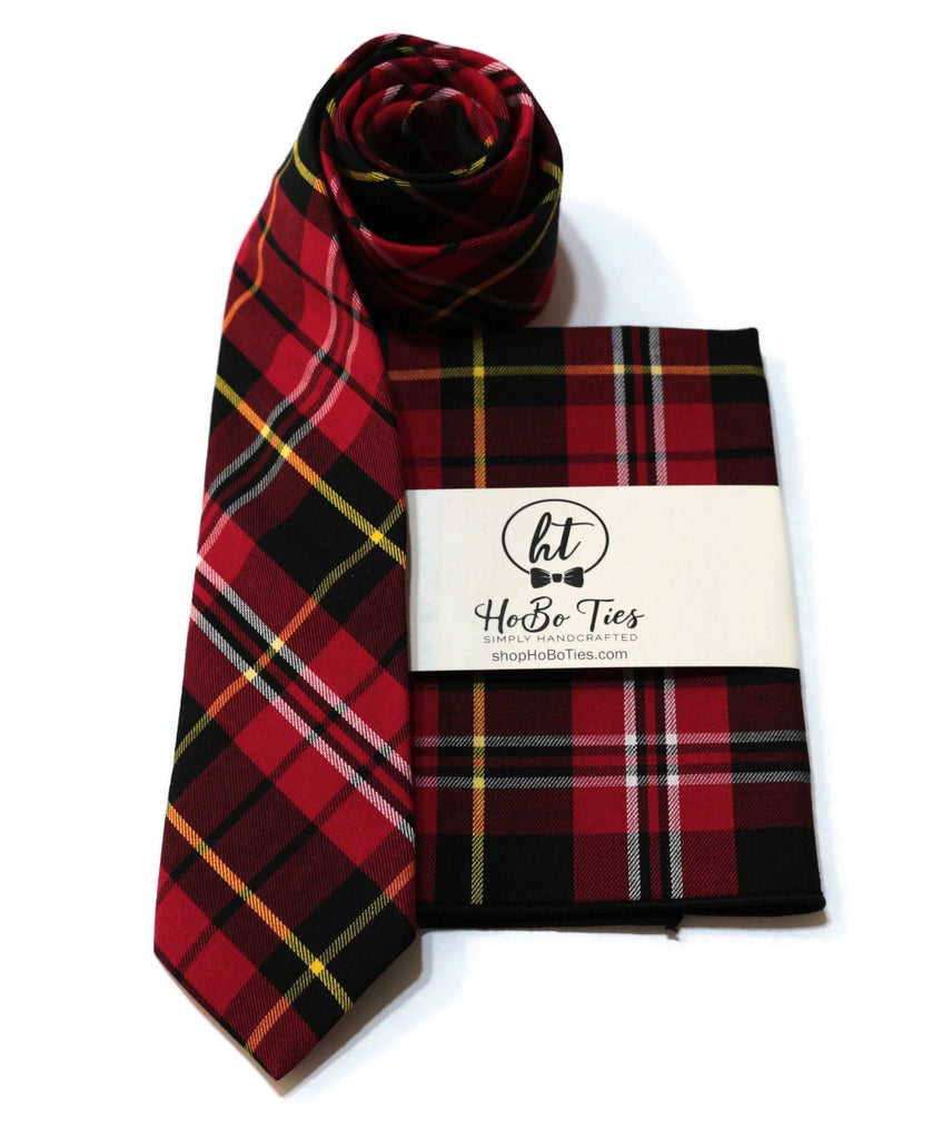 Black & Red Tartan Plaid Necktie with matching pocket square, handcrafted neckties and accessories for men.
