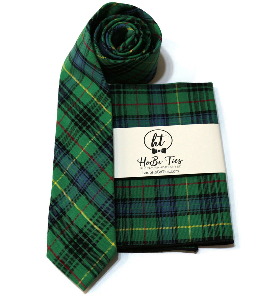 Green Tartan Plaid Necktie and matching pocket square from handcrafted neckties collection, perfect for formal wear accessories men.