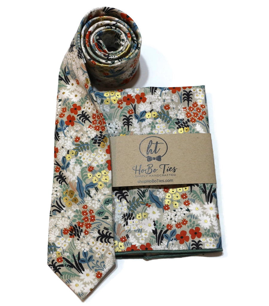 Flax Metallic Meadow Floral Necktie with matching pocket square, handcrafted neckties for men and boys, floral neckwear.