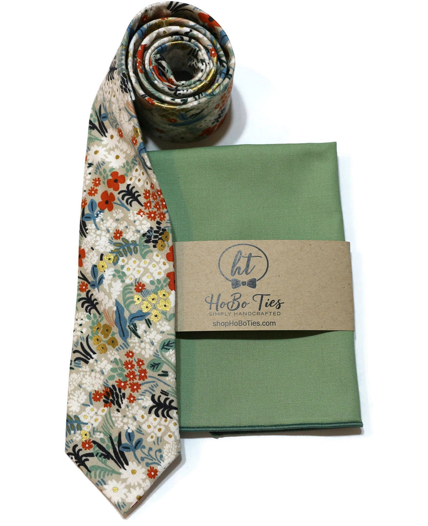 Flax Metallic Meadow Floral Necktie with matching pocket square, handcrafted neckties for men and boys.