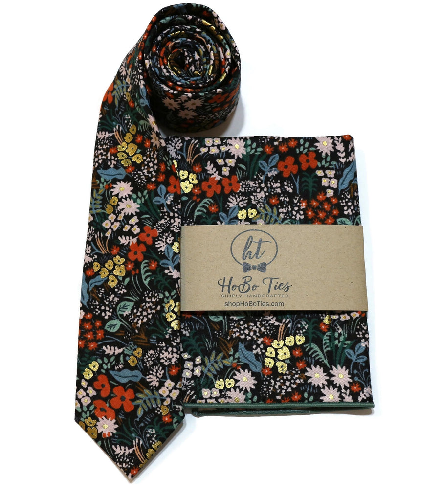 Black Metallic Meadow Floral Necktie featuring vibrant floral patterns, perfect for formal wear accessories for men.