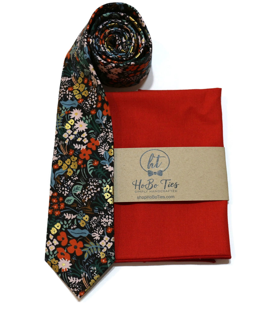 Black Metallic Meadow Floral Necktie with matching pocket square displayed together for handcrafted neckties collection.