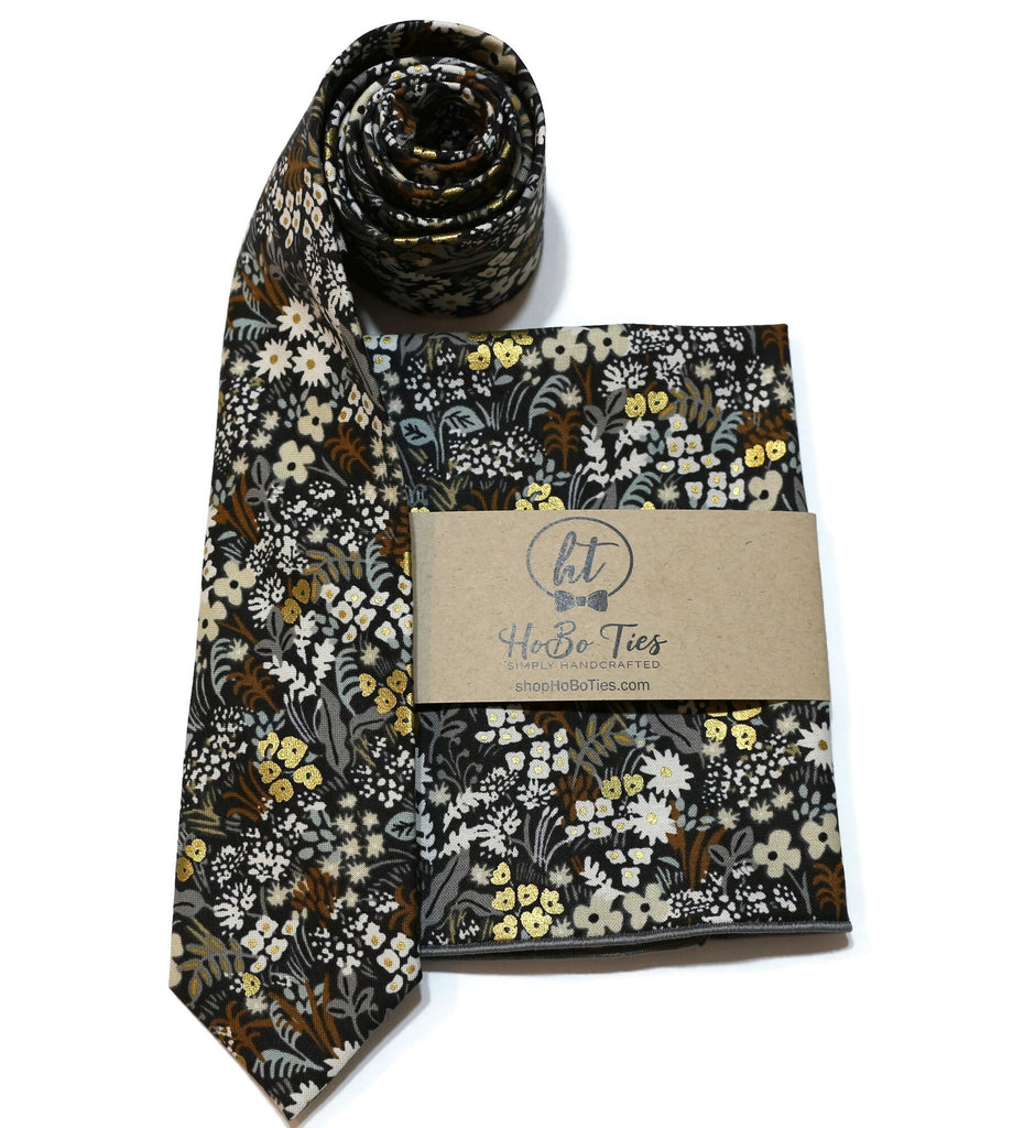 Grey Metallic Meadow Floral Necktie displayed with matching pocket square, perfect for formal wear and weddings.