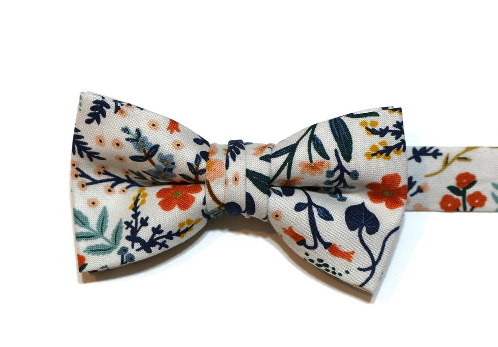 Wildwood Metallic Floral Bow Tie - Boys, a handmade bow tie featuring colorful floral design on cotton fabric.