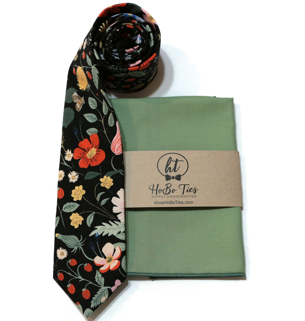 Black Strawberry Fields Floral Necktie with matching pocket square, handcrafted neckties for men and boys.