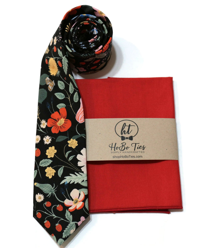 Black Strawberry Fields Floral Necktie with matching pocket square and vibrant floral design, perfect for men’s formal wear.