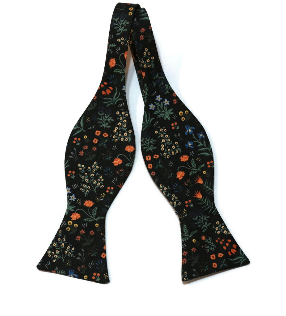 Black Menagerie Garden Floral Bow Tie, handcrafted neckties for men, unique floral patterns for wedding accessories.