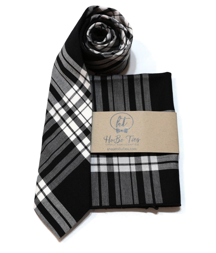Black & White Tartan Plaid Necktie with matching pocket square and wrapped tie, handcrafted neckties for men.