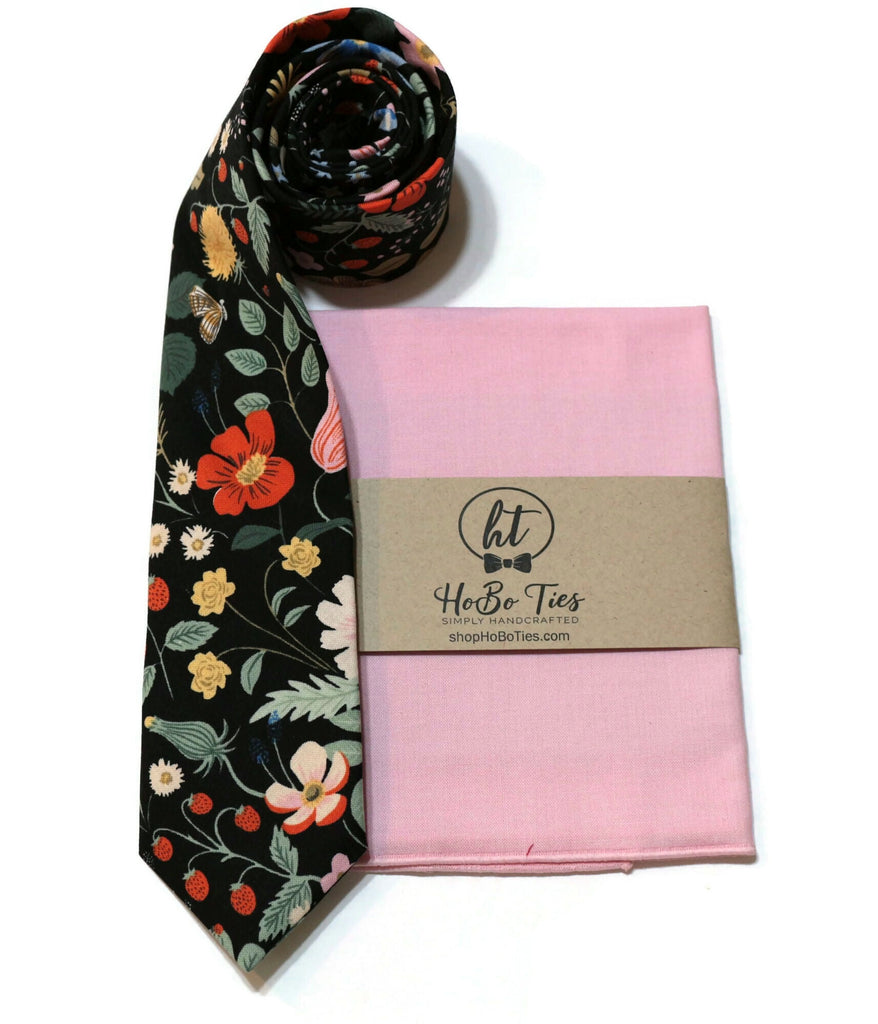 Black Strawberry Fields Floral Necktie with matching pink pocket square, handcrafted neckties for men and boys.