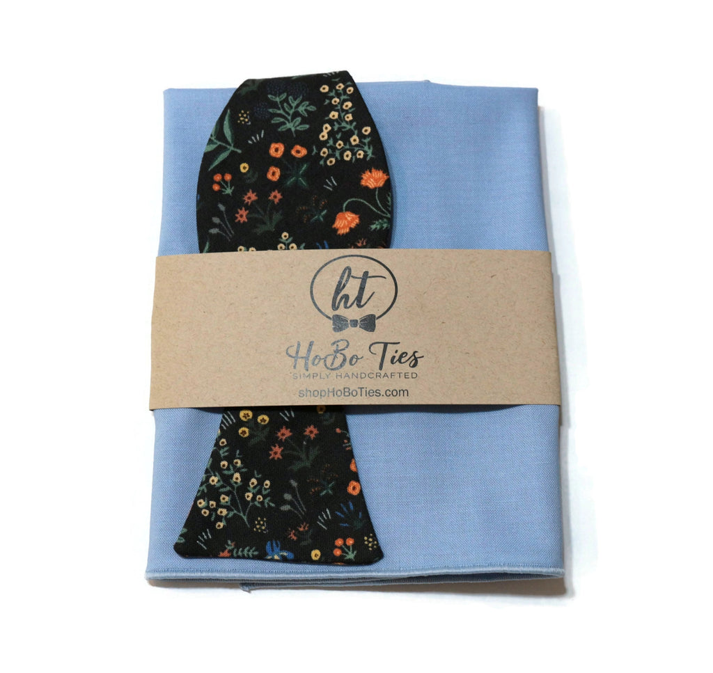Black Menagerie Garden Floral Bow Tie with matching pocket square, handcrafted neckties for formal wear accessories.