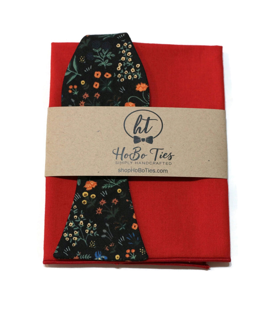 Black Menagerie Garden Floral Bow Tie with coordinating pocket square from HoBo Ties, handcrafted neckties and accessories.
