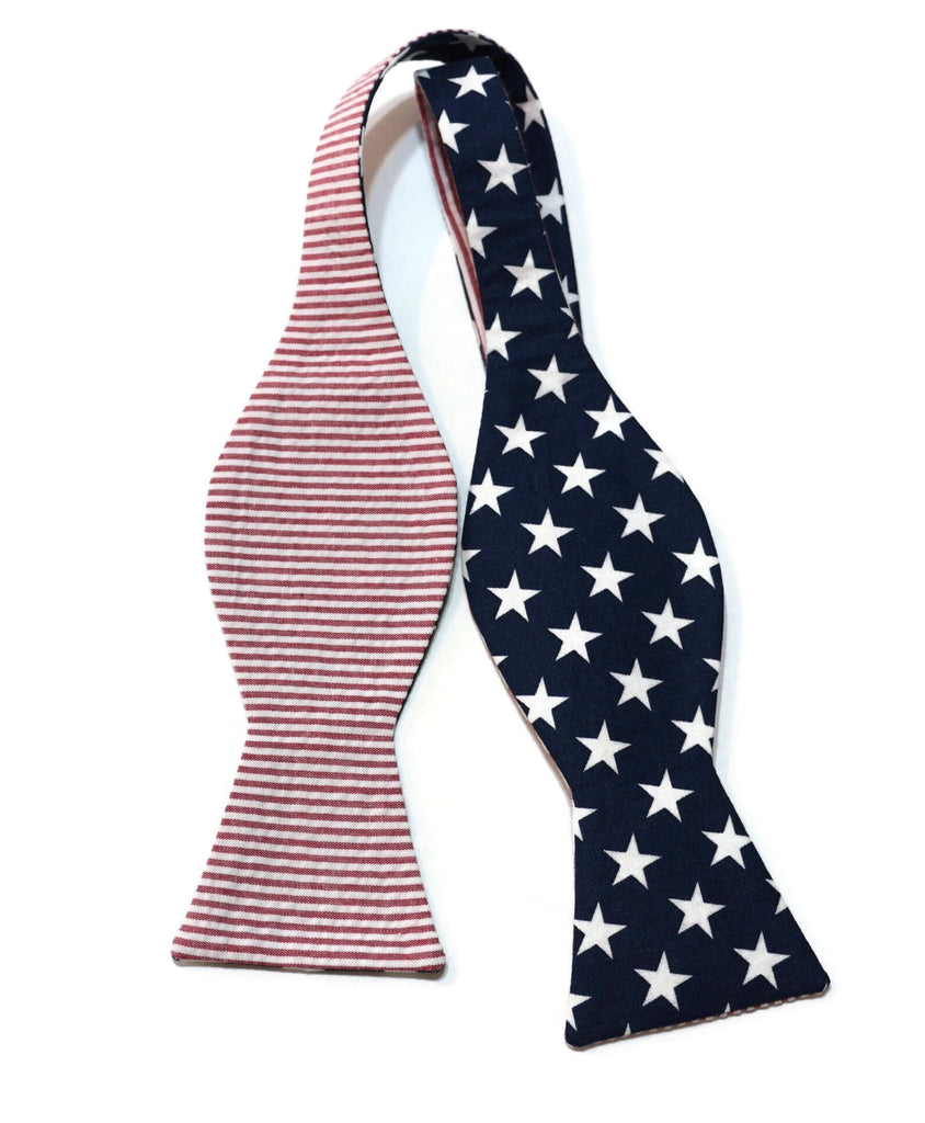 American Flag Seersucker Bow Tie showcasing red stripes and navy fabric with white stars, perfect for men's formal wear accessories.