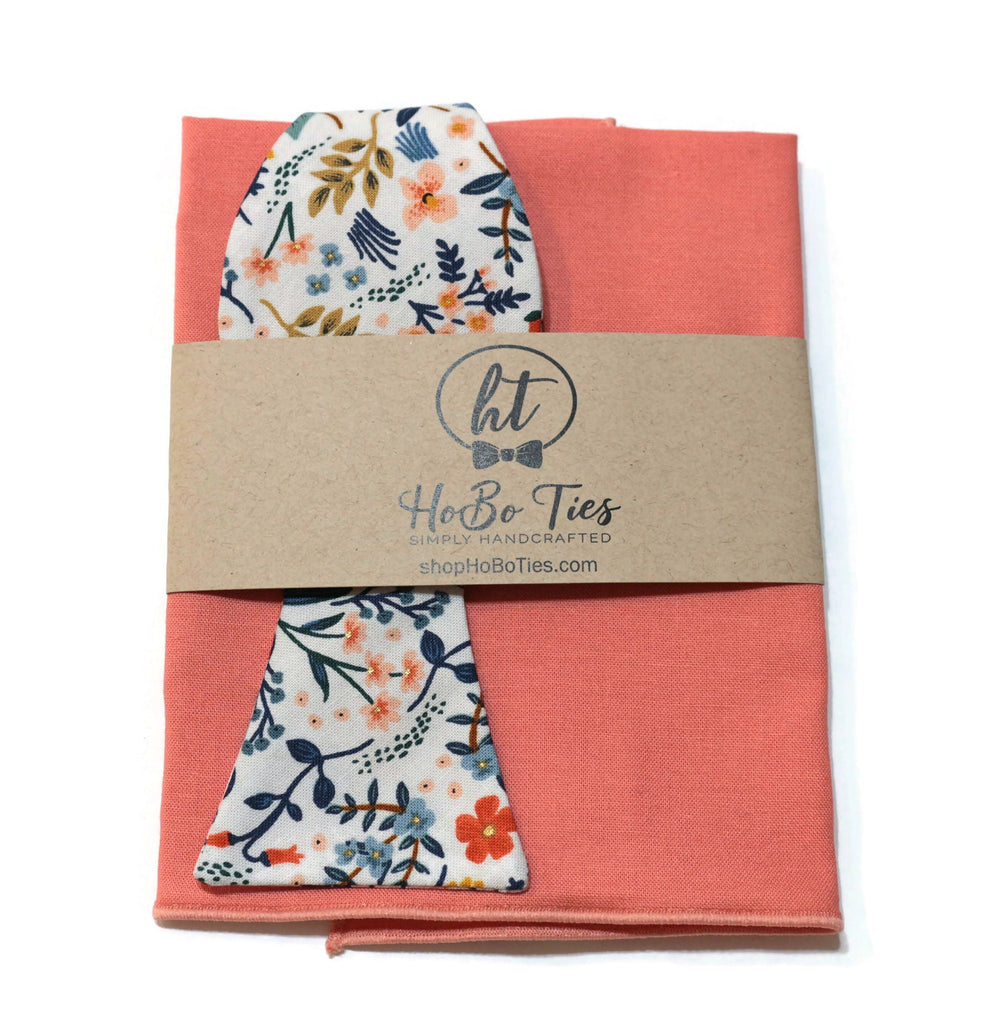 White Metallic Wildwood Floral Bow Tie paired with a coral pocket square, handcrafted for men and boys wedding accessories.