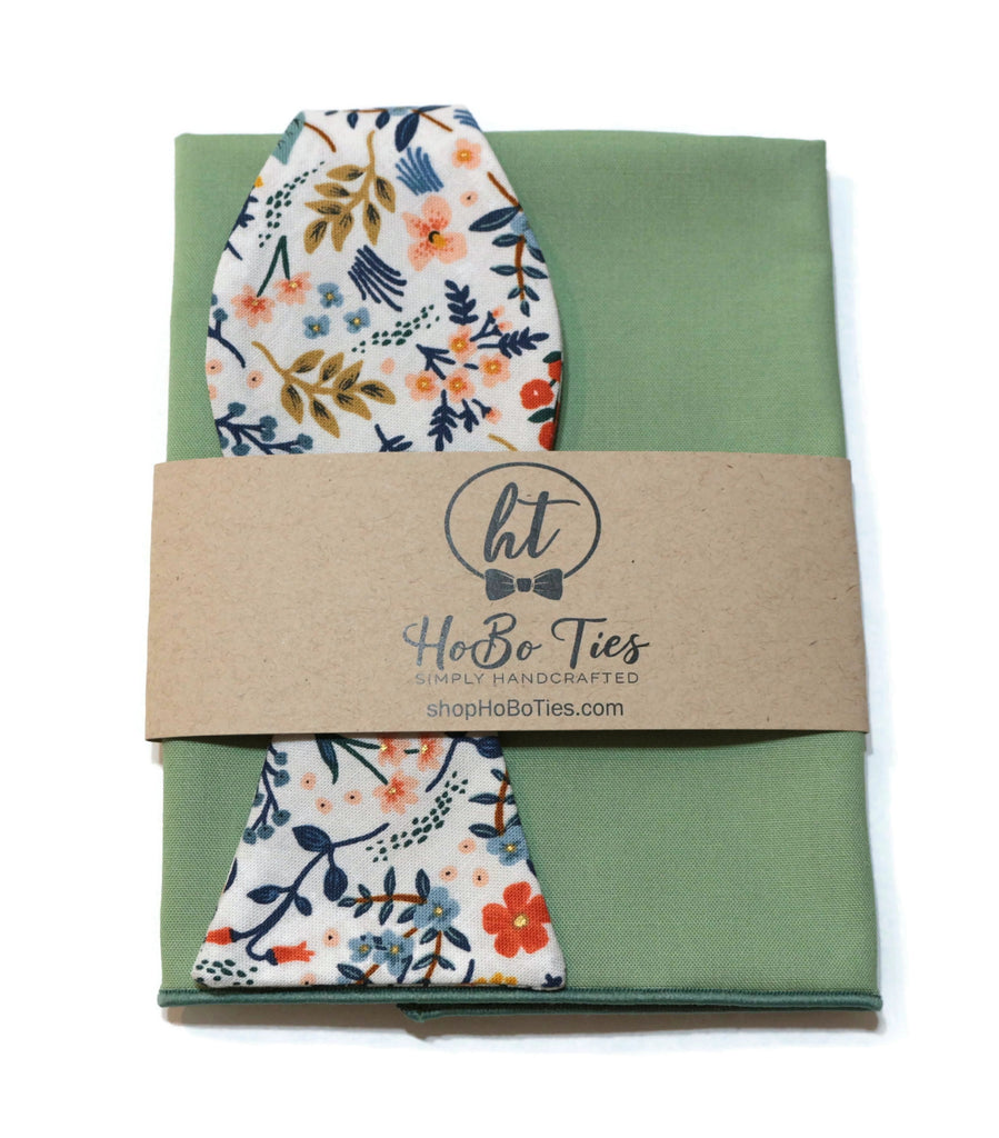 White Metallic Wildwood Floral Bow Tie with green fabric and floral pattern, handcrafted neckties for men and boys.