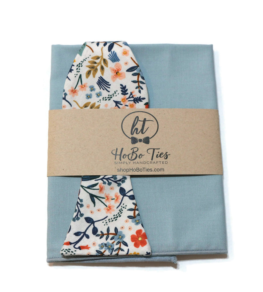 White Metallic Wildwood Floral Bow Tie with matching pocket square, handcrafted neckties for men and boys, wedding accessories.