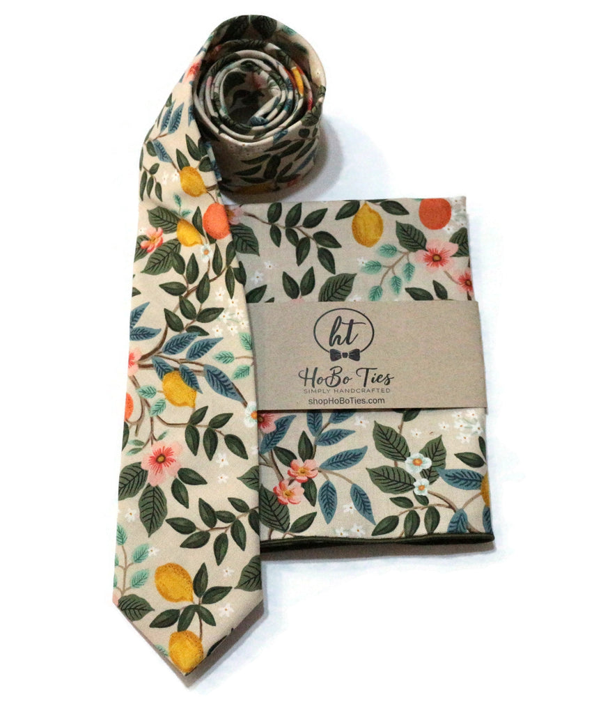 Natural Citrus Grove Floral Necktie paired with matching pocket square, perfect for wedding accessories for men.