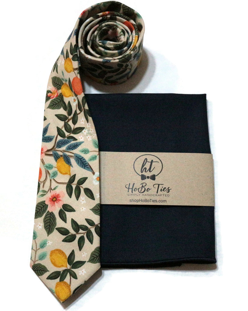 Natural Citrus Grove Floral Necktie with pocket square, handcrafted neckties for men and boys.
