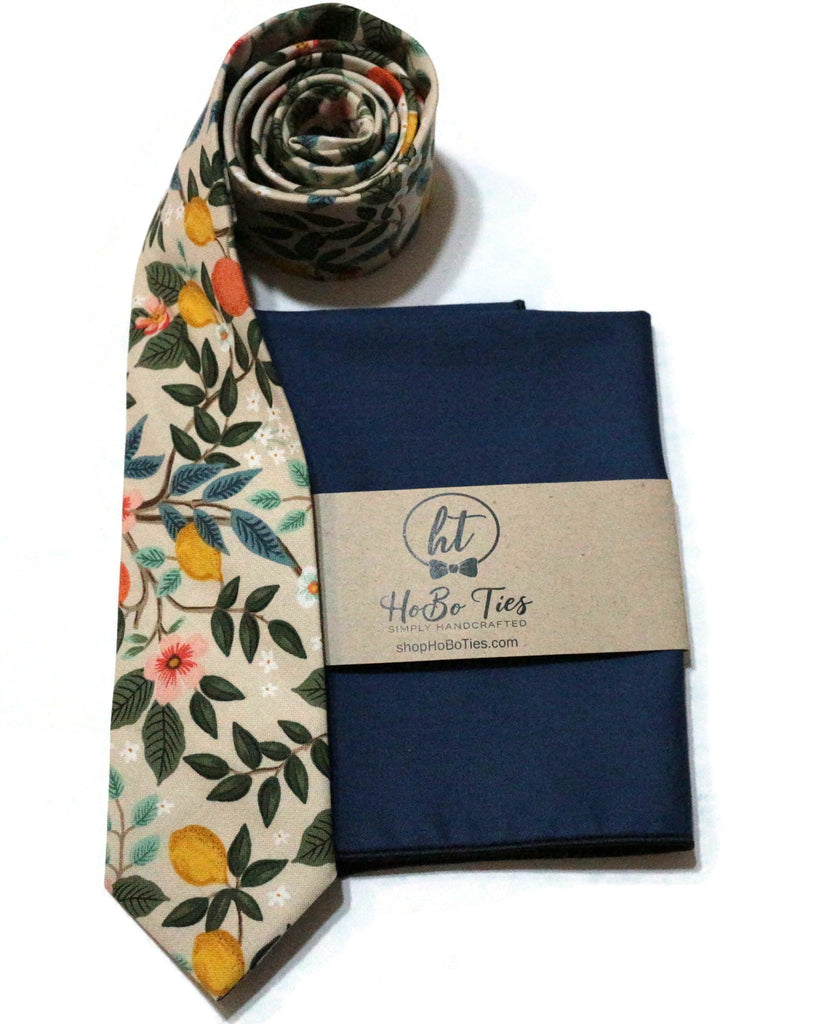 Natural Citrus Grove Floral Necktie with matching pocket square for men’s formal wear accessories.