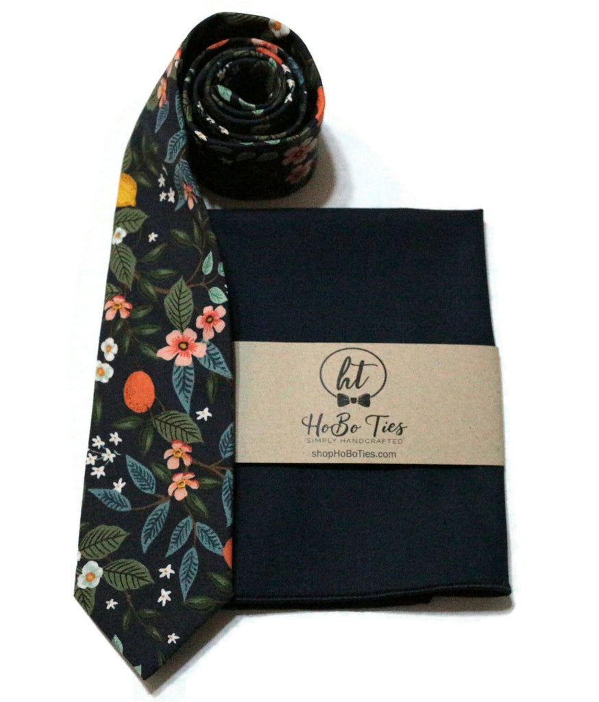 Navy Citrus Grove Floral Necktie with matching pocket square, part of handcrafted neckties collection for men and boys.