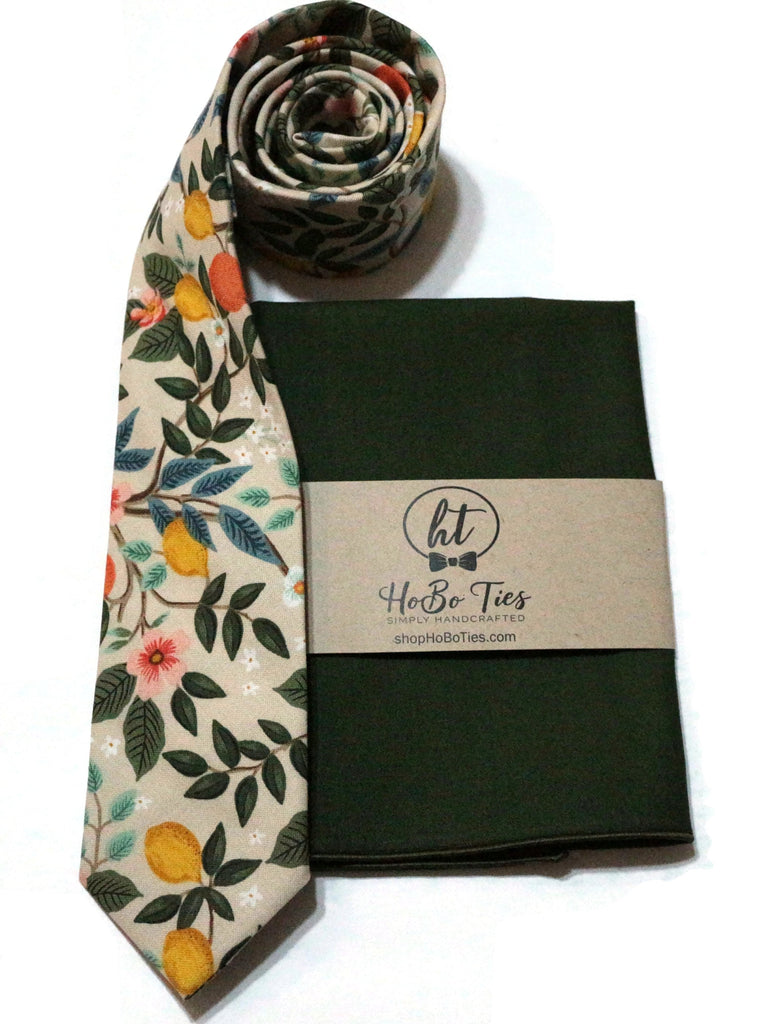 Natural Citrus Grove Floral Necktie with matching pocket square, perfect for wedding accessories for men.