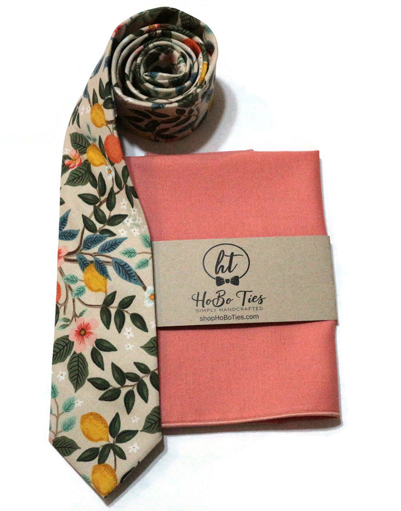 Natural Citrus Grove Floral Necktie with matching pocket square, handcrafted neckties and wedding accessories for men.