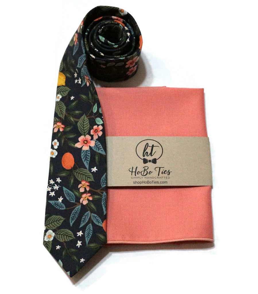 Navy Citrus Grove Floral Necktie with matching pocket square, handcrafted neckties for men and boys.