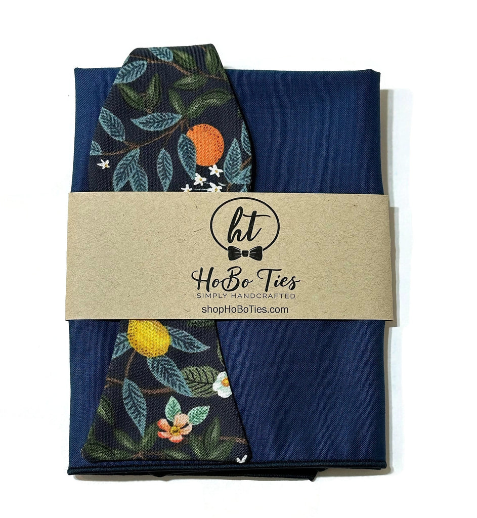 Navy Citrus Grove Floral Bow Tie with matching pocket square, handcrafted neckties for men and boys wedding accessories.