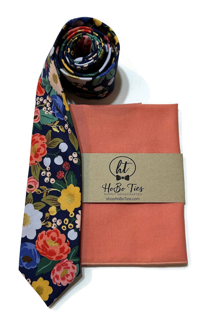 Blue Metallic Vintage Blossom Floral Necktie with matching pocket square, handcrafted neckties for men and boys.