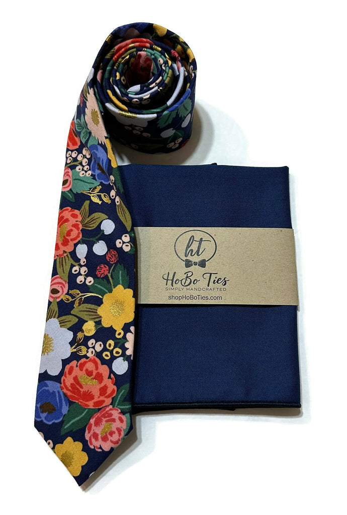 Blue Metallic Vintage Blossom Floral Necktie with matching pocket square, handcrafted neckties for men and boys, floral design.