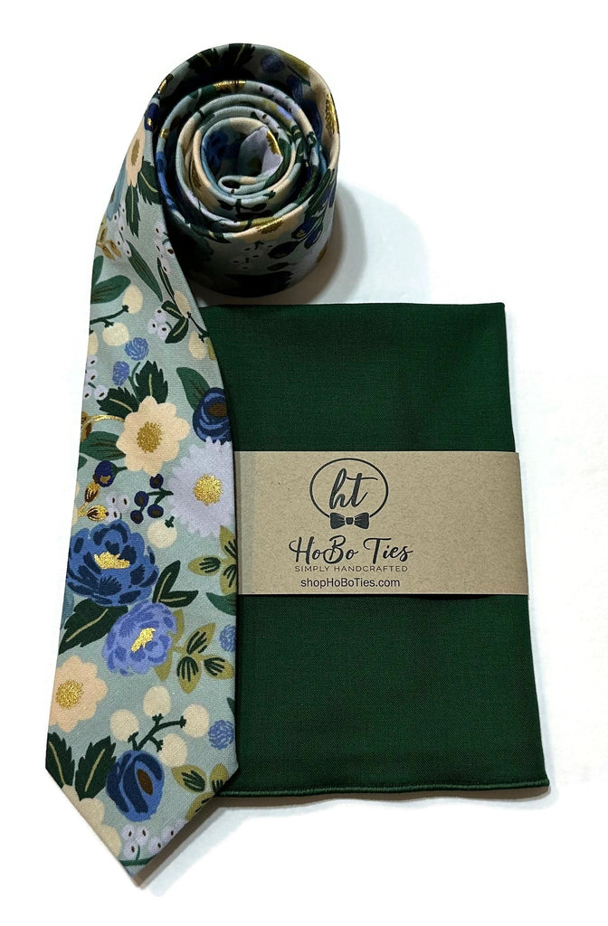 Mint Metallic Vintage Blossom Floral Necktie with coordinating green pocket square, handcrafted neckties accessory.
