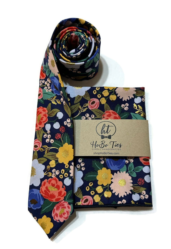 Blue Metallic Vintage Blossom Floral Necktie with floral design and matching pocket square.