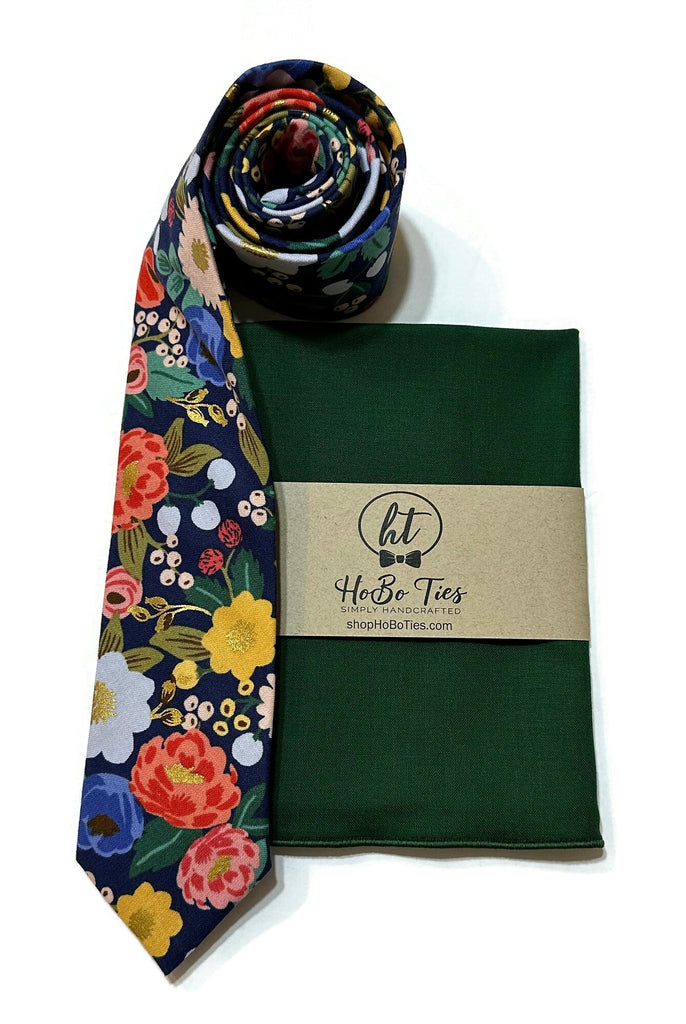 Blue Metallic Vintage Blossom Floral Necktie with matching pocket square from Hobo Ties, handcrafted neckties for men.