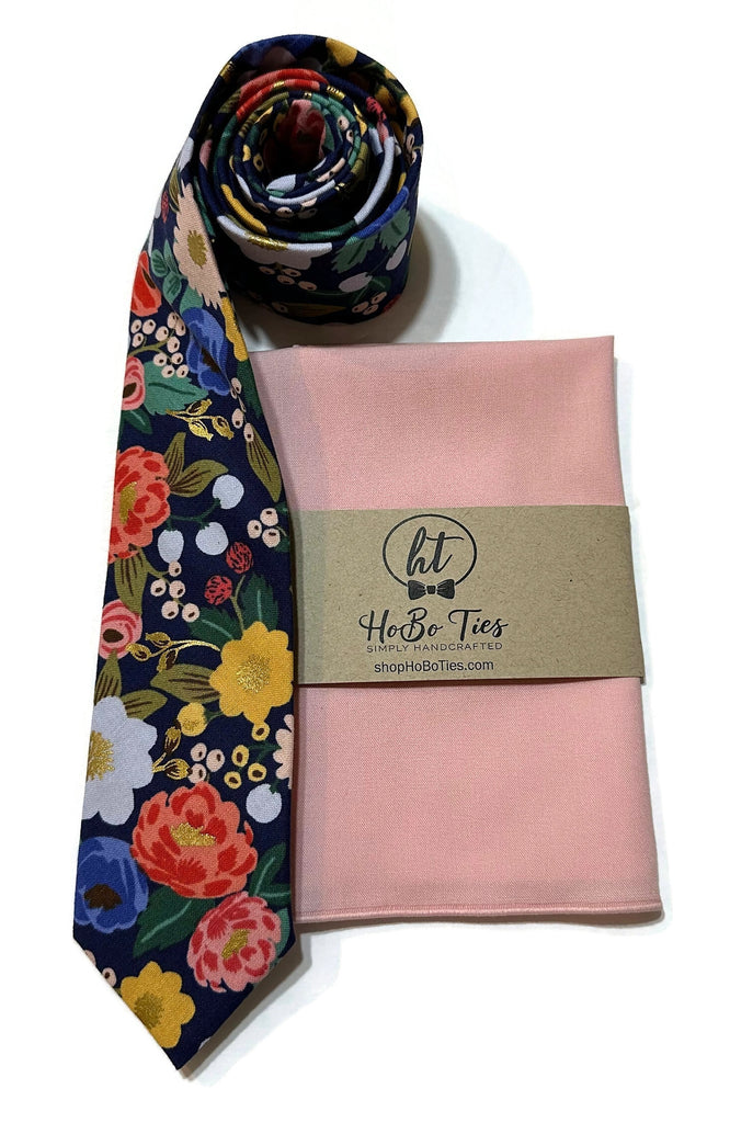 Blue Metallic Vintage Blossom Floral Necktie with matching pocket square, handcrafted neckties for men and boys.