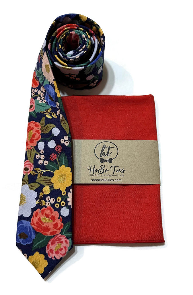 Blue Metallic Vintage Blossom Floral Necktie with coordinating pocket square, handcrafted neckties for men and boys.