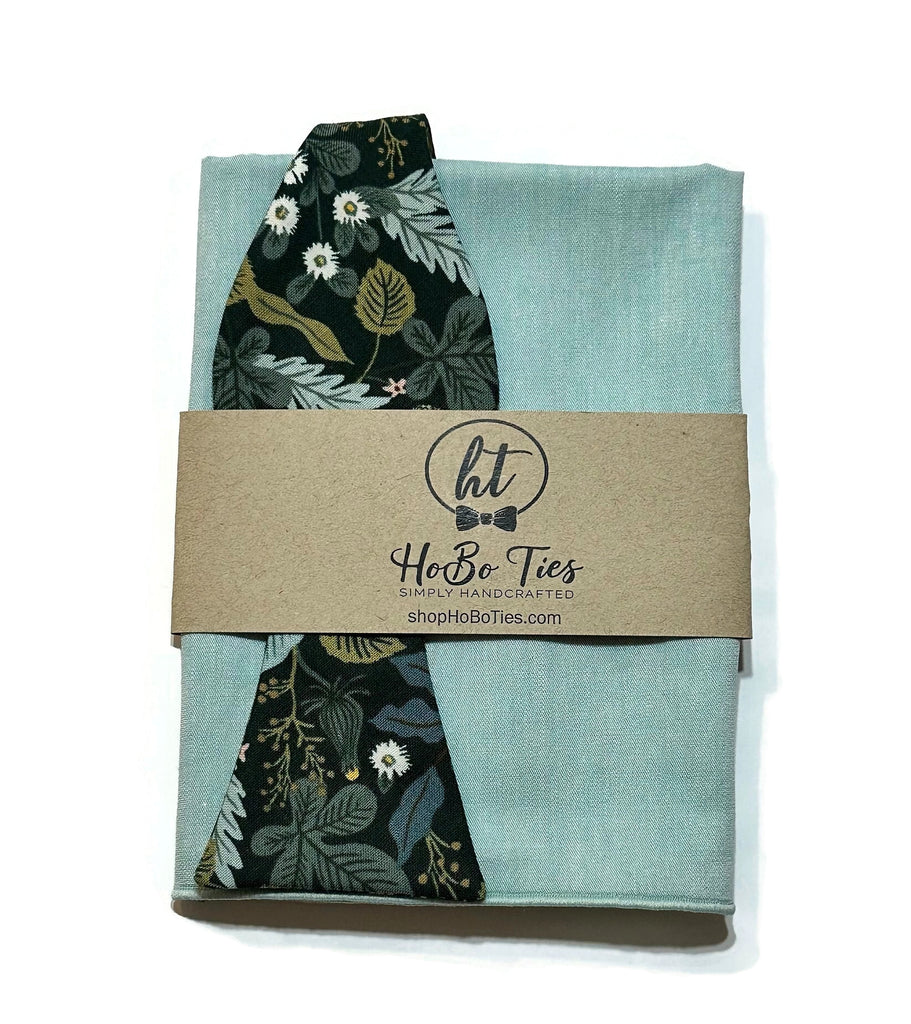 Hunter Verte Floral Bow Tie with matching pocket square, handcrafted neckties and unique design for men’s accessories.