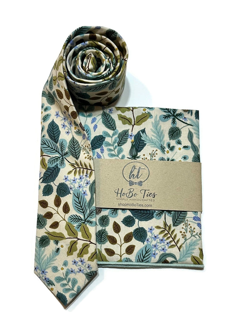 Cream Verte Floral Necktie with matching pocket square, handcrafted neckties for men and boys, floral patterned design.