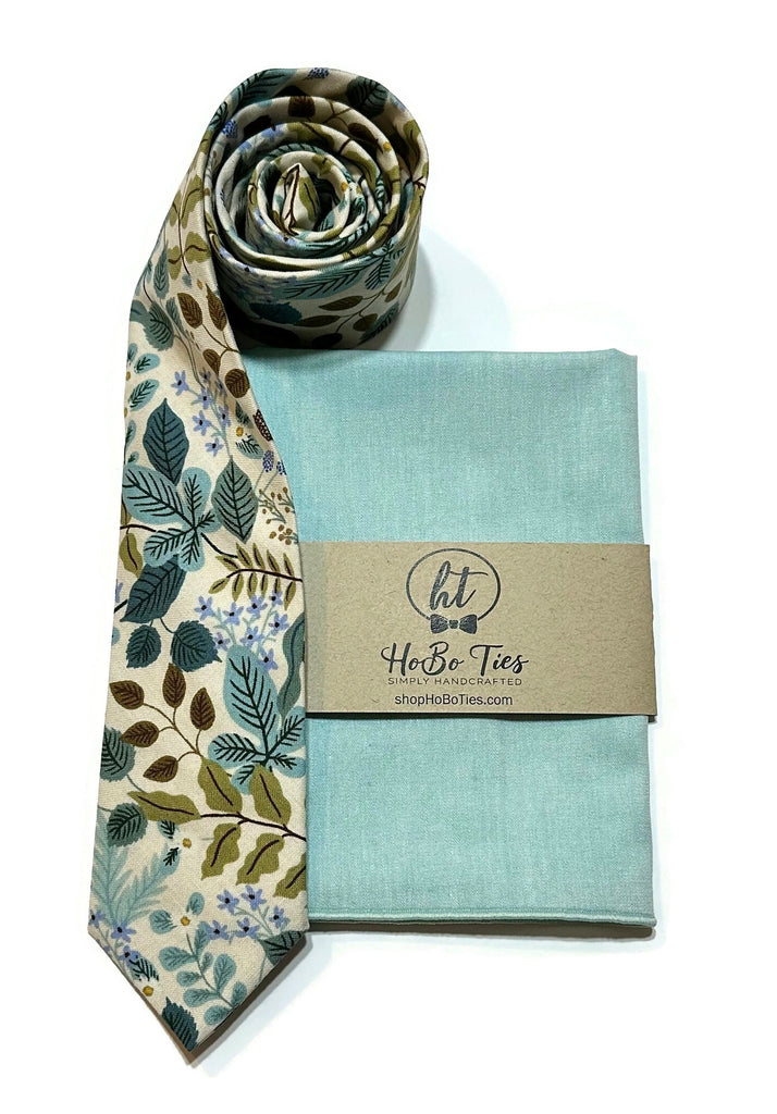 Cream Verte Floral Necktie with matching pocket square, perfect for formal wear accessories men and wedding neckwear set men.