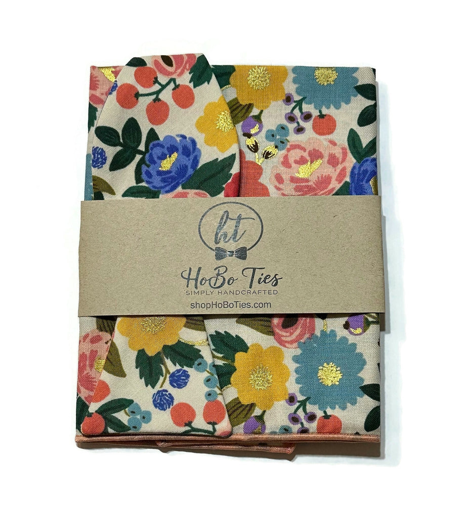 Cream Metallic Vintage Blossom Floral Bow Tie with vibrant floral patterns, perfect for men's and boys' wedding accessories.